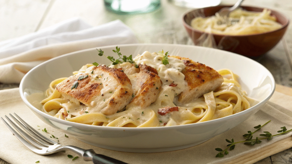 a creamy chicken pasta dish is served in a cozy w