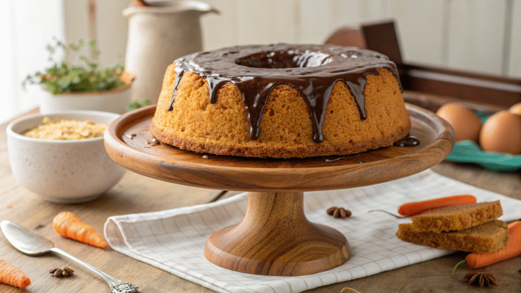 a whole carrot cake baked to golden perfection sit