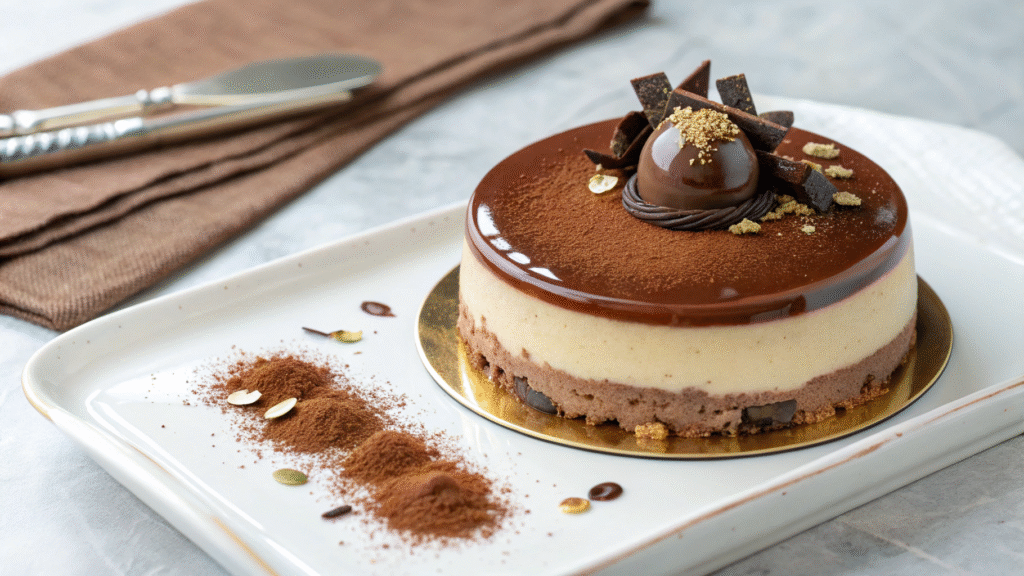 a glossy tiramisu entremet sits elegantly on a whi