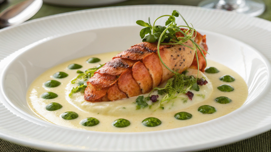 a lightly charred slipper lobster tail rests atop