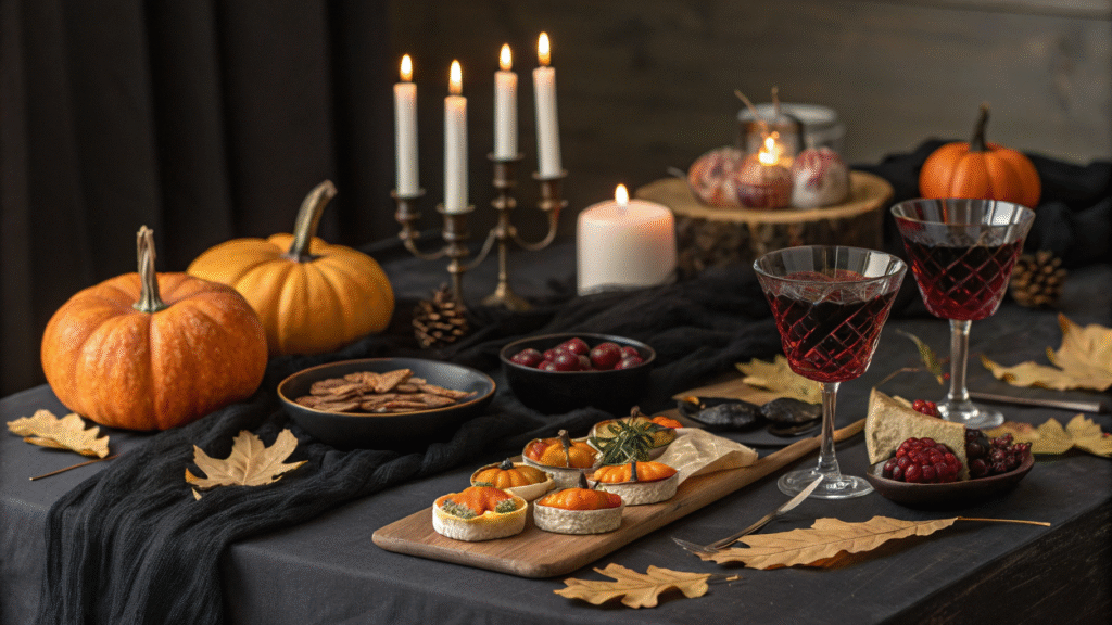 an elegantly styled halloween dinner table draped