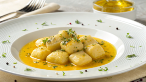 Nhoque de mandioquinha dourado com molho de tucupi e folhas de jambu em prato fundo