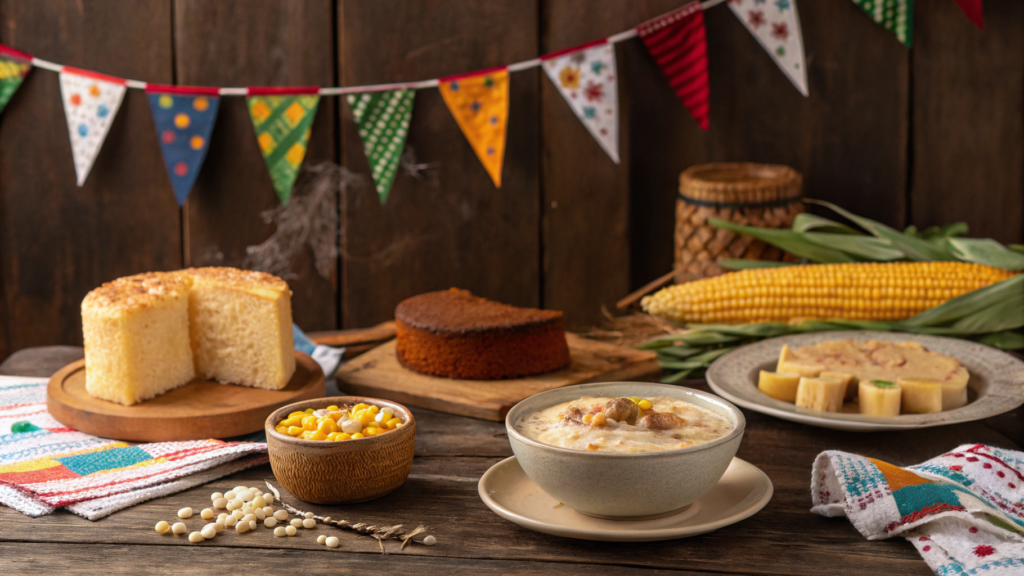 Mesa de festa junina com canjica pamonha bolo de milho quentão e bandeirinhas coloridas