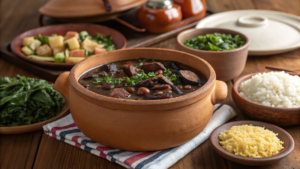 Feijoada completa com feijão preto carnes defumadas couve farofa laranja e arroz branco