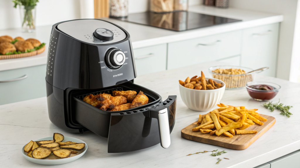 Airfryer aberta com alimentos dourados e crocantes no cesto