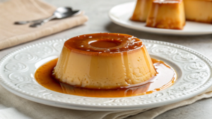 Pudim de leite condensado cremoso com calda de caramelo em prato branco