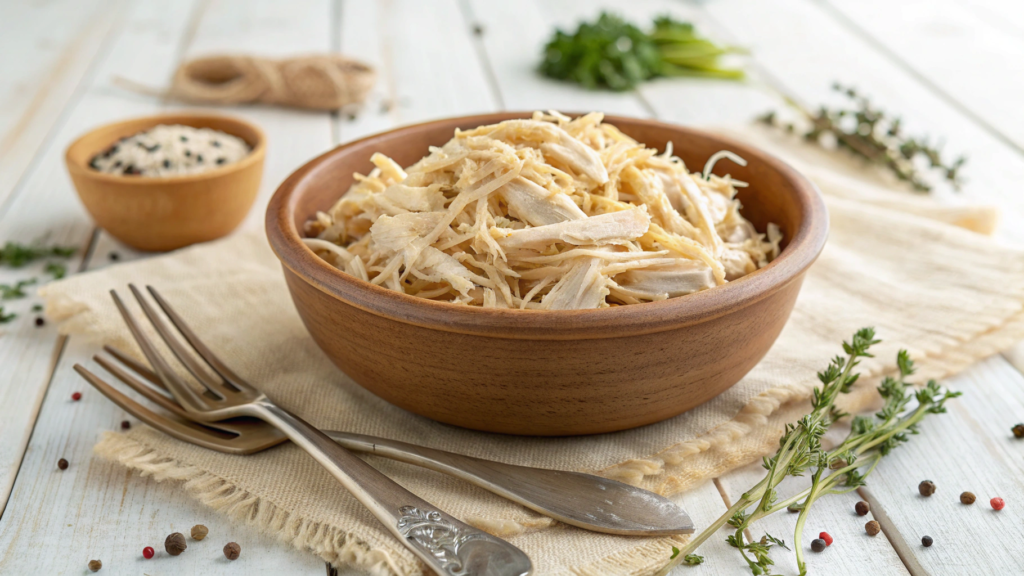 Frango desfiado em tigela com garfos ao lado e temperos em mesa de madeira