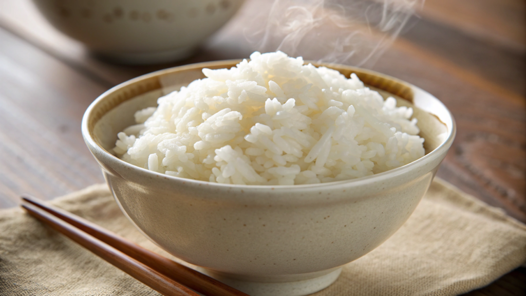 Arroz branco soltinho em panela com grãos separados e vapor subindo
